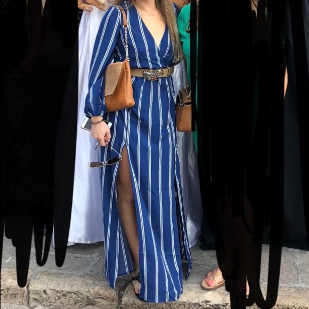 SALE Blue maxi dress with slits and waist tie